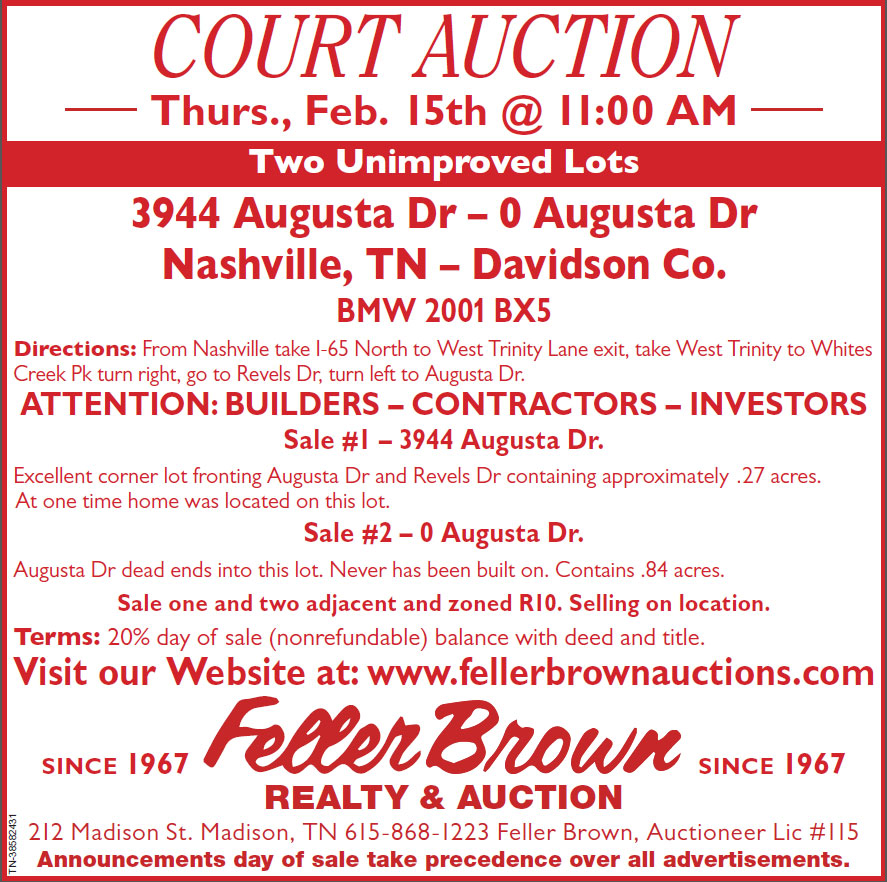 Public Auction Sale 2 unimproved lots and car Nashville Nashville, TN